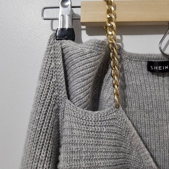 Shein - Blouse Off Shoulder Chunky Knit Chain Strap Sweater - Size L - Gray - Picture 6 of 9